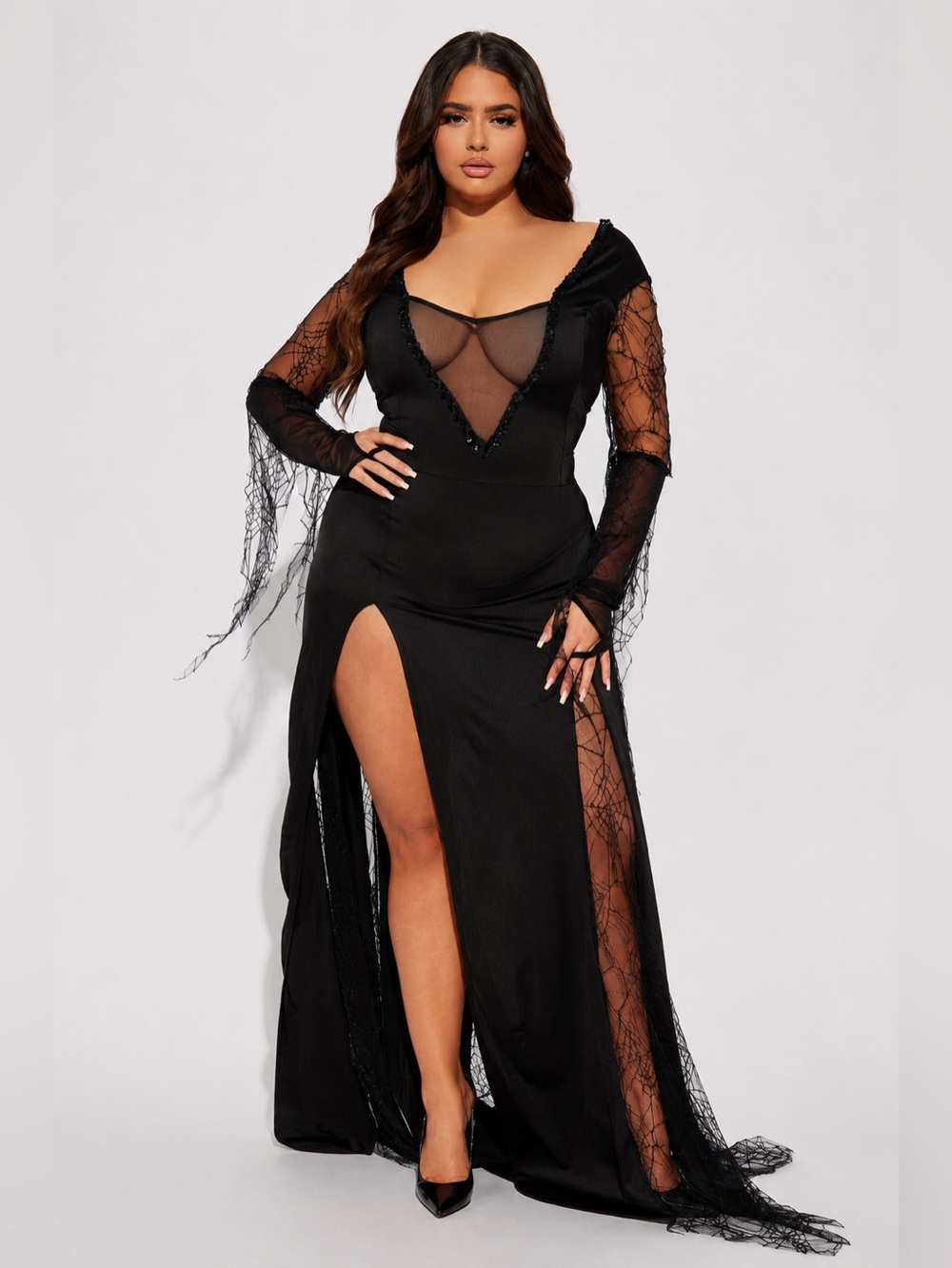 Black Gothic Spiderweb Witch Halloween Costume Dress – Sheer Lace High Slit